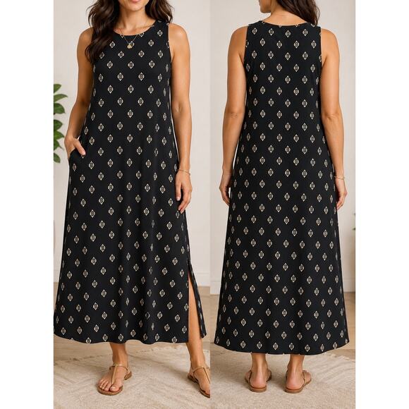 J.Jill Dresses & Skirts - J.Jill Dress MED Black Maxi Swing Medallion Print stretch Cottagecore Dress